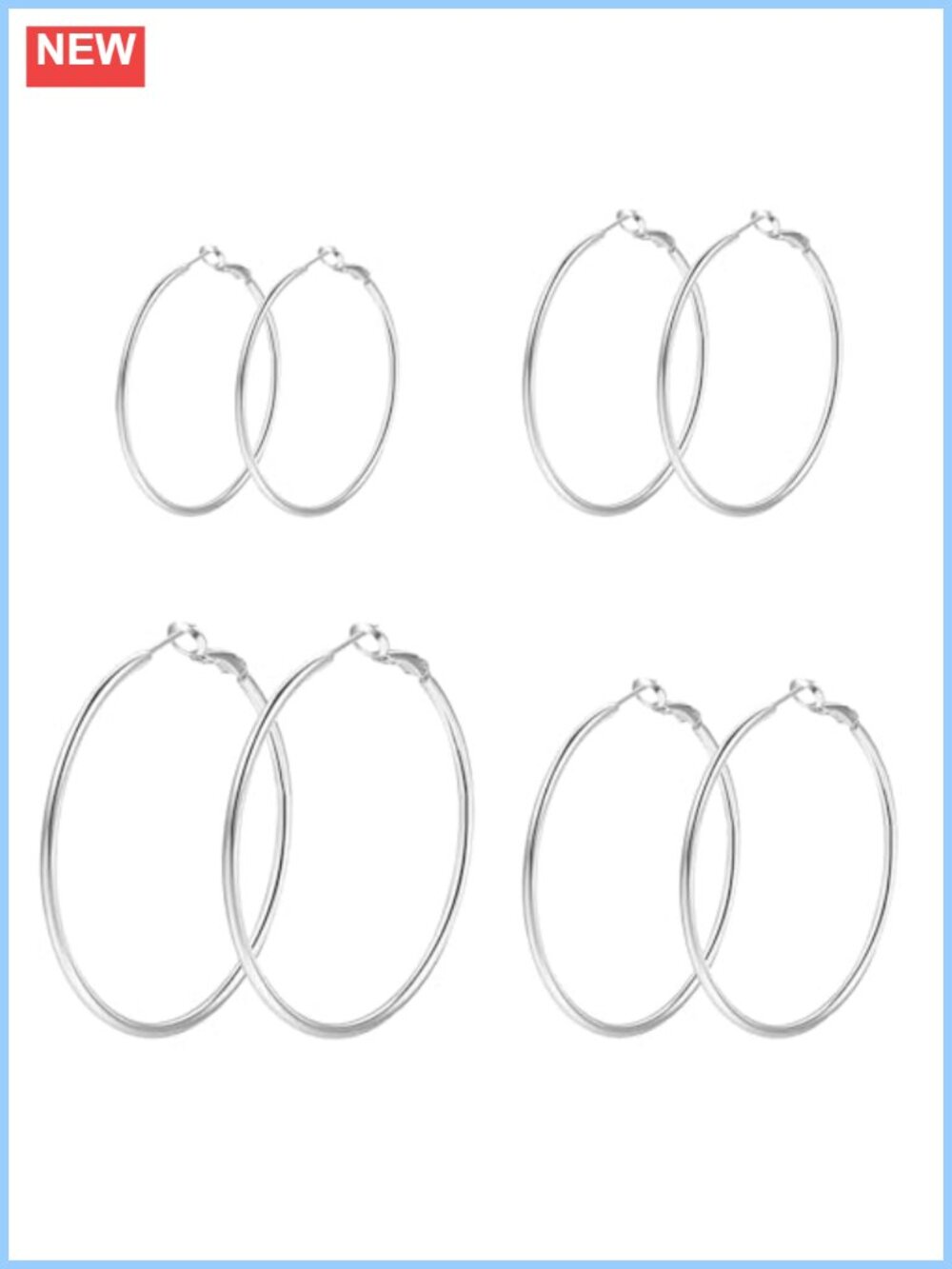 Stainless Steel Silver Hoop Earrings Set 4 Pairs Multi-Size Click-Top